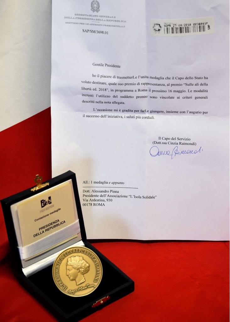 Per il premio 'Sulle Ali della Libertà' la medaglia del Presidente della Repubblica